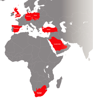 Mapa Afriky, Asie a Evropy se všemi místy, kde působí společnost DSB